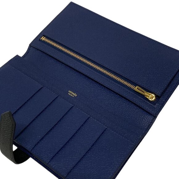 Auth HERMES Bearn Souffle Verso - Black Blue Navy Veau Epsom W Long Wallet - Picture 3 of 12